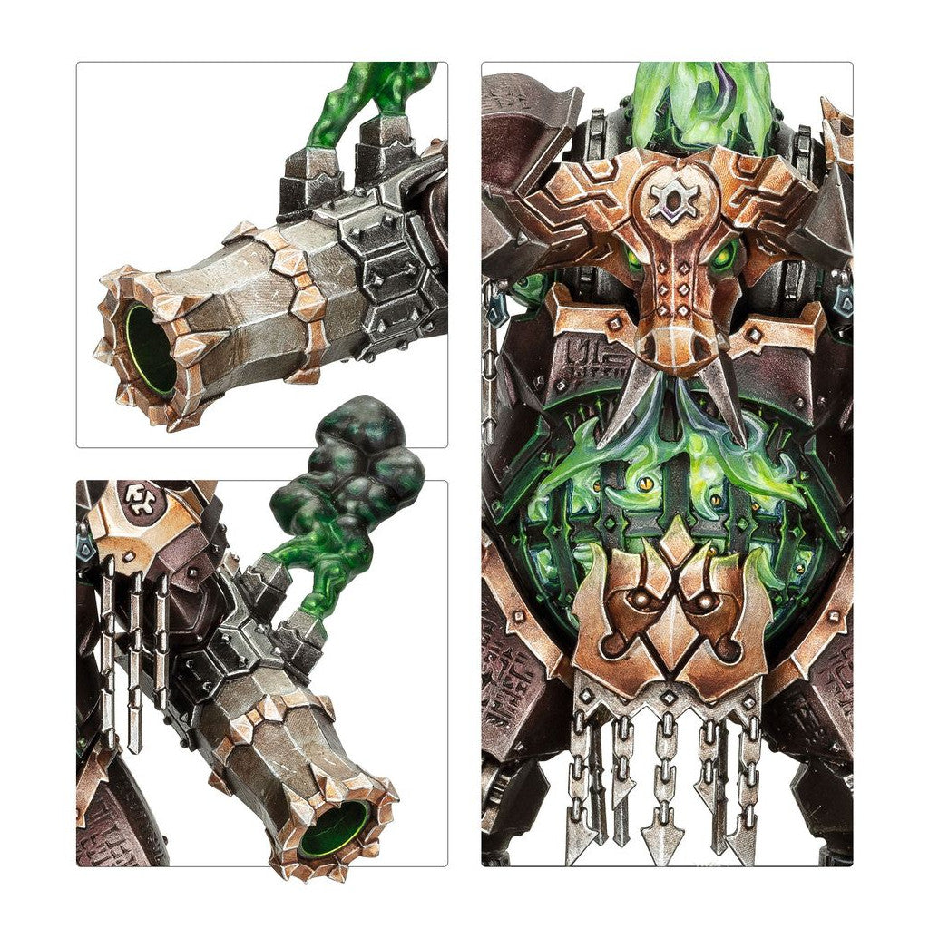 Close-up of the Dominator Engine model featuring its dark bronze chestplate glowing with toxic green energy and rugged segmented cannon barrels