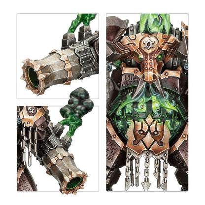 Close-up of the Dominator Engine model featuring its dark bronze chestplate glowing with toxic green energy and rugged segmented cannon barrels