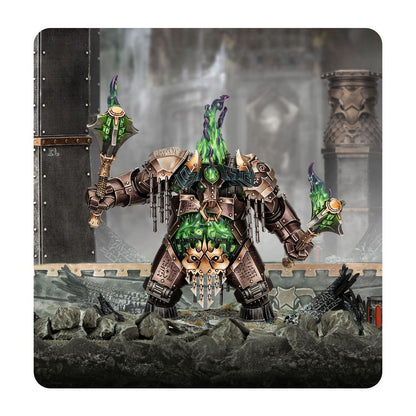 Massive Dominator Engine miniature painted in rusted bronze armor with a bright green soul core, holding two spiked energy weapons