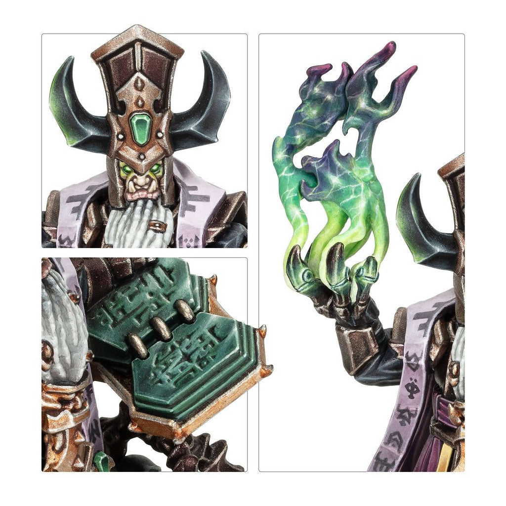 Four detail shots of the Daemonsmith model emphasize the horned headdress, glowing green magical flame effect, and intricate teal runic pauldron