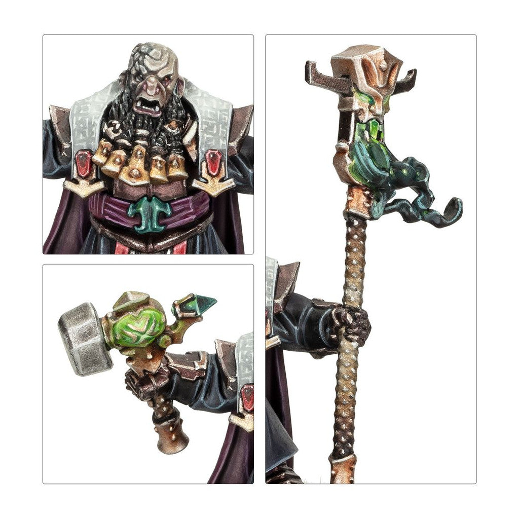 This composite image details the Daemonsmith miniature showing its intimidating face, gold jewelry, glowing green warhammer, and twisted daemon staff