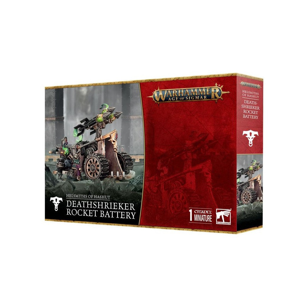 Warhammer Age of Sigmar Helsmiths Of Hashut Deathshrieker Rocket Battery retail box featuring the brown wheeled artillery piece firing a green rocket