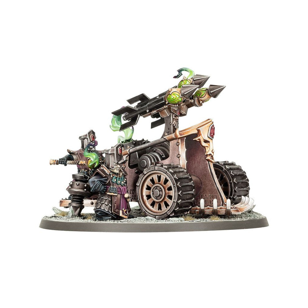 Detailed Chaos Dwarf Deathshrieker Rocket Battery miniature with three rockets emitting green smoke and two crew members on a grey base