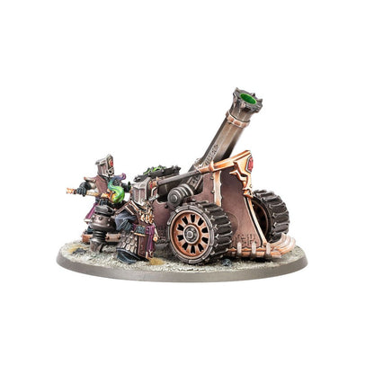Helsmiths of Hashut Deathshrieker Rocket Battery miniature, showing a massive cannon mounted on wheels attended by two Chaos Dwarf crew