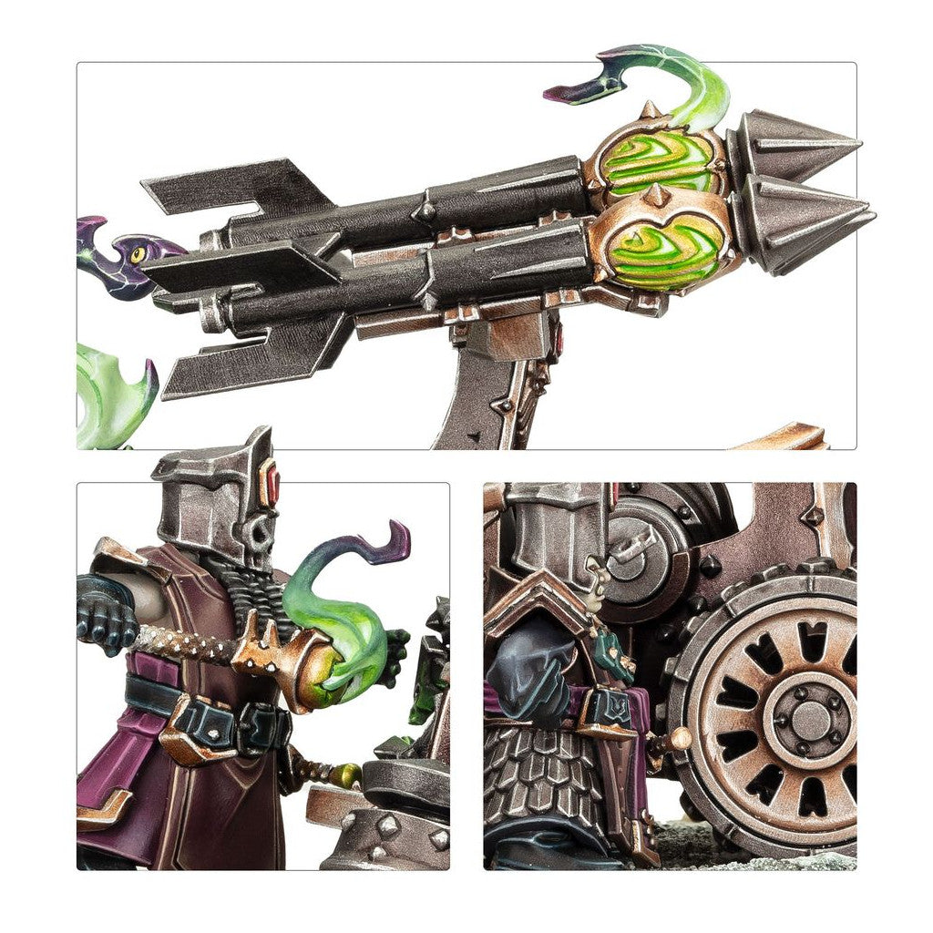 Three-panel view highlighting the Deathshrieker Rocket Battery's dark cannon barrels, the glowing green chaos effects, and the detailed, armored Chaos Dwarf gunner with a large bronze wheel