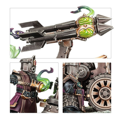 Three-panel view highlighting the Deathshrieker Rocket Battery's dark cannon barrels, the glowing green chaos effects, and the detailed, armored Chaos Dwarf gunner with a large bronze wheel