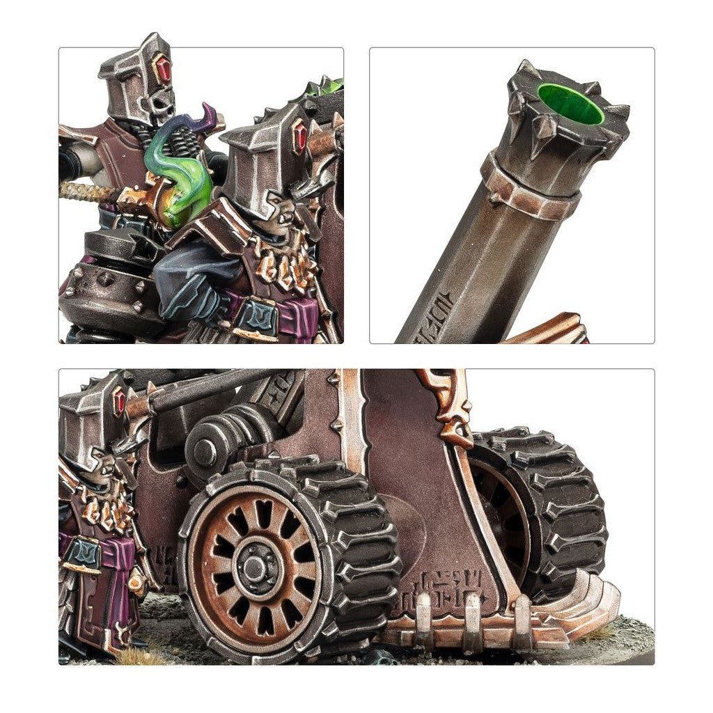 Detailed panels of the Helsmiths of Hashut miniature showing the figure's green smoke, the rusty tracked wheels, and the menacing green-rimmed cannon barrel