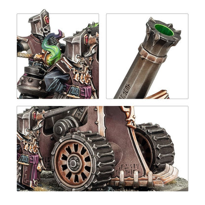 Detailed panels of the Helsmiths of Hashut miniature showing the figure's green smoke, the rusty tracked wheels, and the menacing green-rimmed cannon barrel