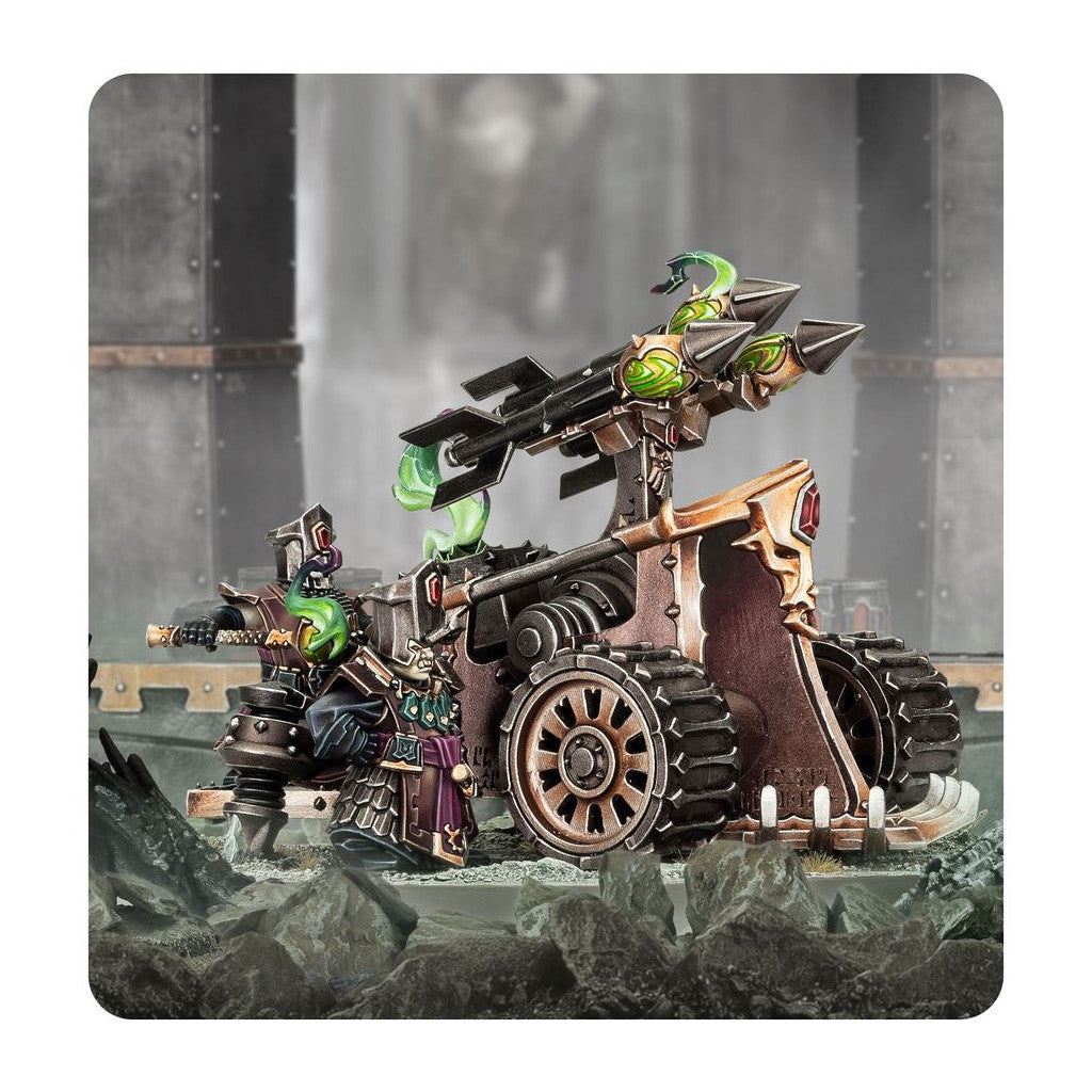 Miniature Deathshrieker Rocket Battery, a wheeled bronze warmachine launching three large rockets with vibrant green smoke effects