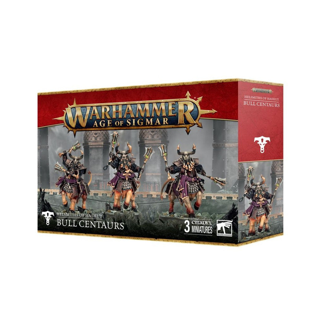 Warhammer Age of Sigmar Helsmiths of Hashut Bull Centaurs kit box showing three detailed bull-headed miniatures wielding large maces