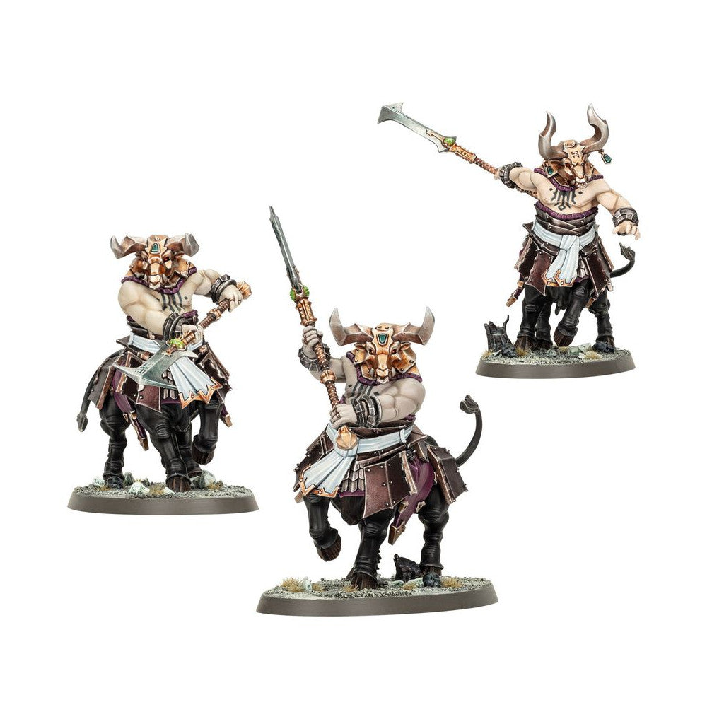 Three fearsome Helsmiths of Hashut Bull Centaurs miniatures in dark armor brandish immense polearms against a white background