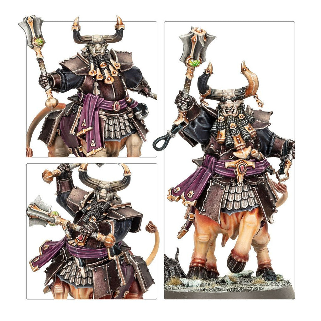 Three close-up views display a highly detailed Bull Centaur miniature model wearing dark bronze armor, a purple sash, and wielding a heavy spiked war mace