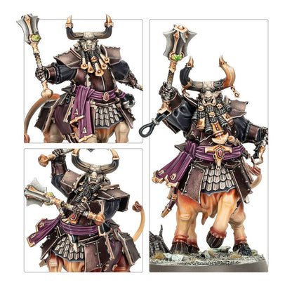 Three close-up views display a highly detailed Bull Centaur miniature model wearing dark bronze armor, a purple sash, and wielding a heavy spiked war mace