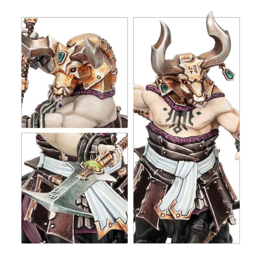 Miniature collage showing the Bull Centaur's bronze helm, striking silver horns, tattooed chest, segmented armor, and massive broadsword