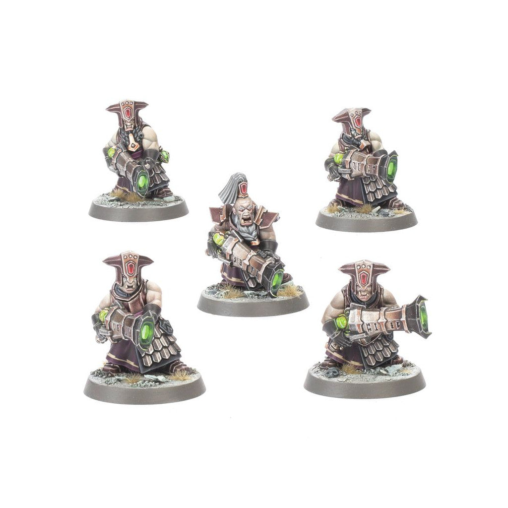 Five painted Helsmiths of Hashut Infernal Razers dwarf miniatures armed with heavy green-glowing cannon weapons displayed on individual bases