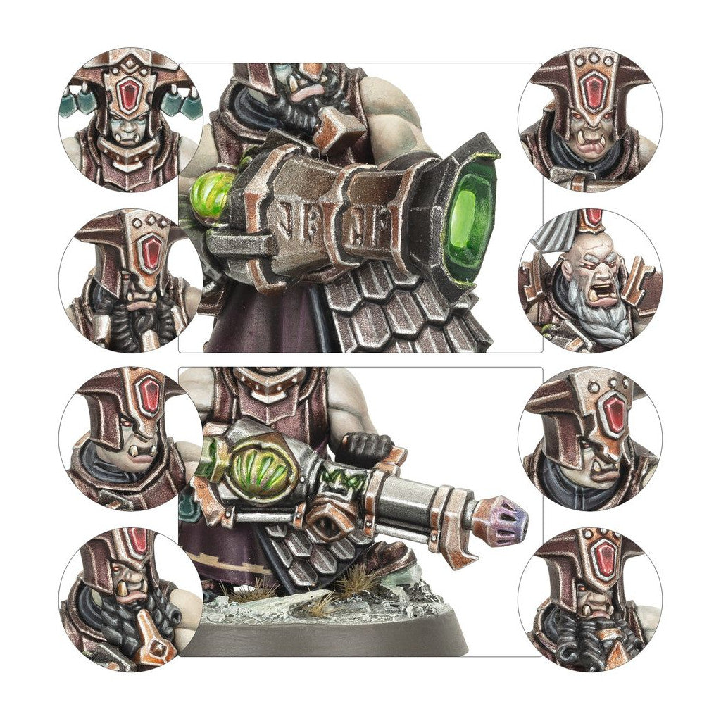 A painted Chaos Dwarf Infernal Razer miniature with a large gun, framed by eight circular crops displaying various interchangeable helmet and beard options