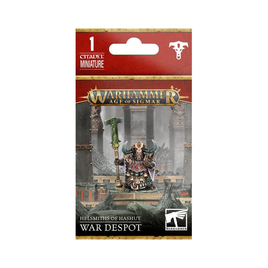 The packaged Warhammer Age of Sigmar miniature displays the Helsmiths of Hashut War Despot, an armored figure with a horned helmet and a large green battle-axe