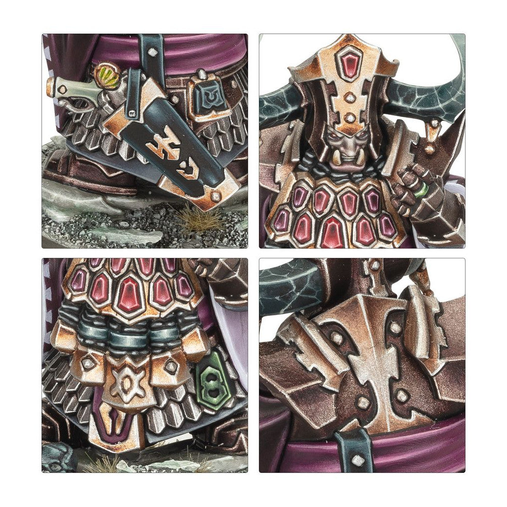 Close-ups of the Helsmiths War Despot miniature highlighting the character's fierce expression, cracked horns, and detailed bronze armor set with red jewels