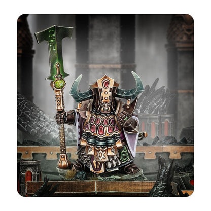 This miniature features the Chaos Dwarf War Despot in segmented armor and a horned helmet, gripping a towering, mystical green halberd in a grim dungeon setting