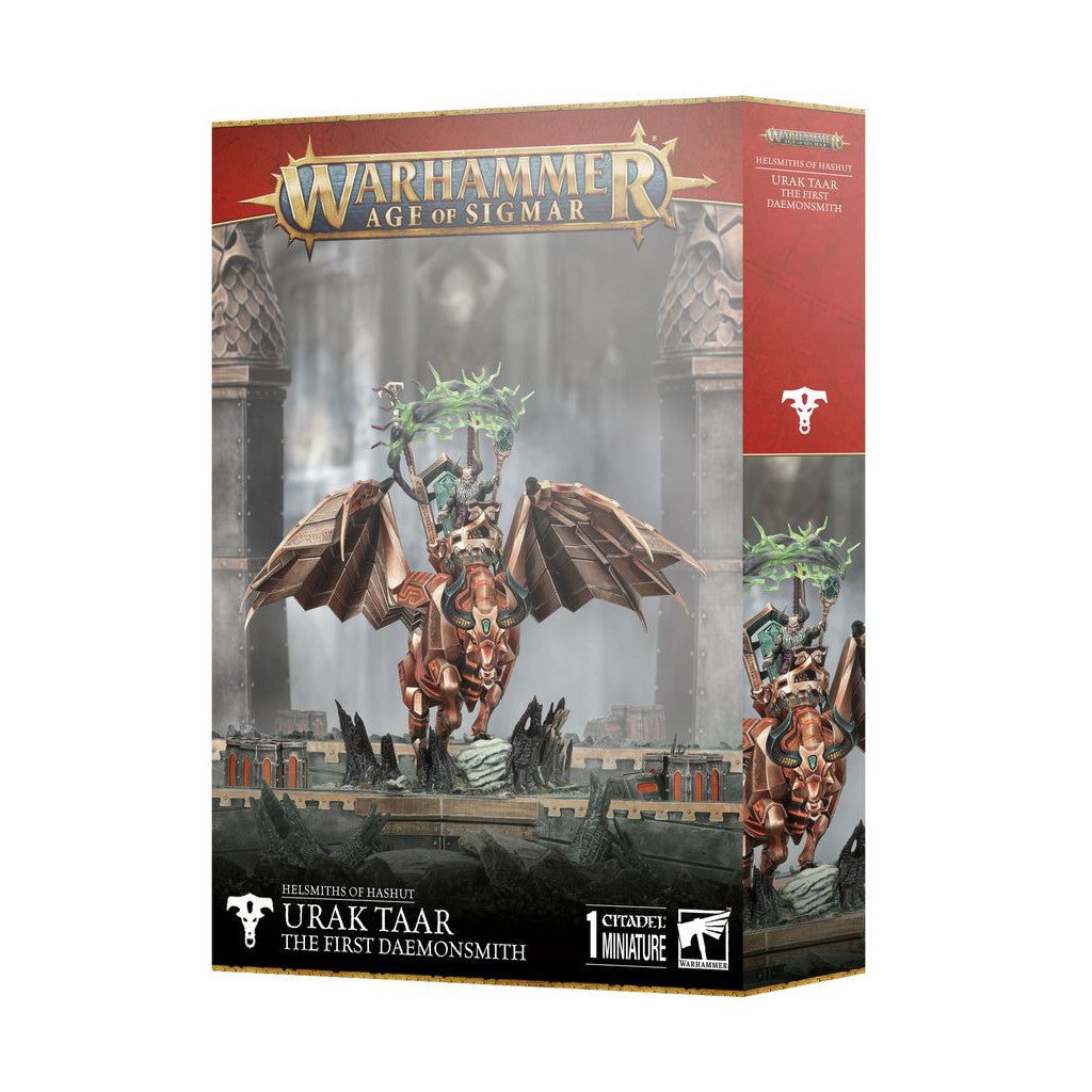 Box art for the Urak Taar The First Daemonsmith miniature showing the winged bronze daemon and rider against a ruined background