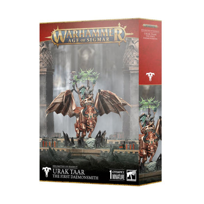 Box art for the Urak Taar The First Daemonsmith miniature showing the winged bronze daemon and rider against a ruined background