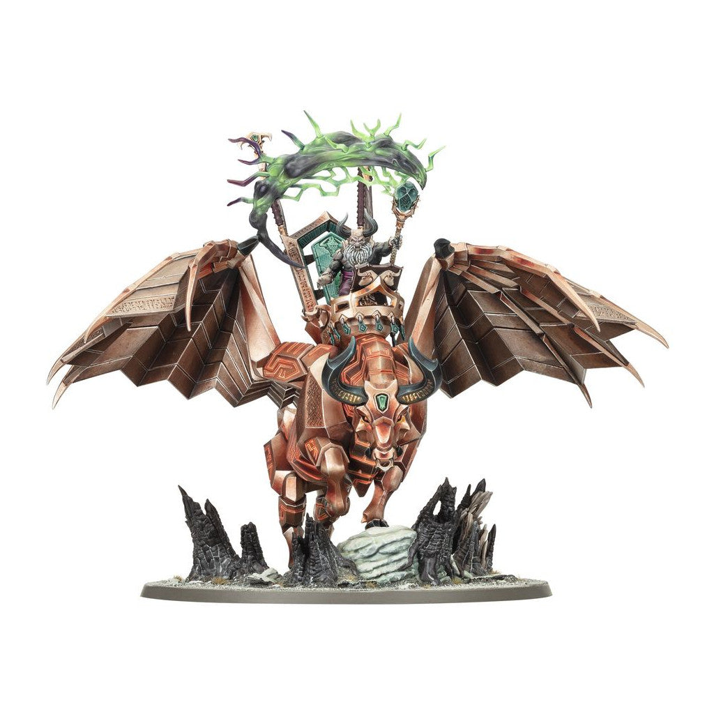 Urak Taar the Daemonsmith miniature riding a winged copper bull construct, holding a scepter beneath a floating green chaotic energy ring