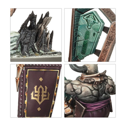 Four detailed views of the painted Urak Taar miniature highlighting the jagged rock base, the runic green tomb fragment, the gold-emblazoned purple banner, and the figure's gray rocky skin