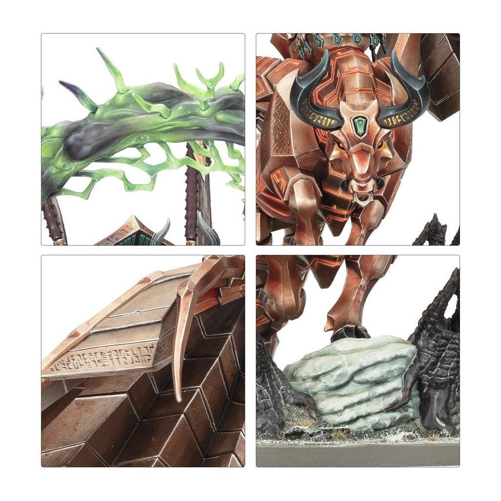 Four detailed views showcasing the metallic bull's face, green arcane weapon, engraved armor, and textured base of the miniature kit