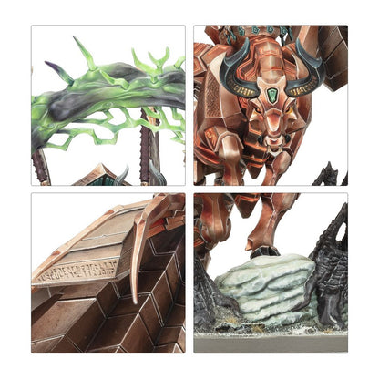 Four detailed views showcasing the metallic bull's face, green arcane weapon, engraved armor, and textured base of the miniature kit