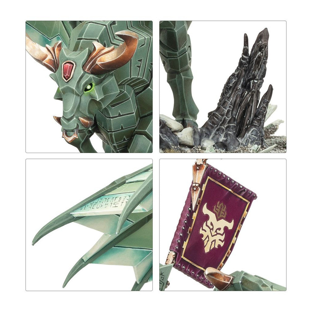 Four close-up panels detailing the Urak Taar Daemonsmith miniature, featuring the green armored bull head and the purple standard of Hashut