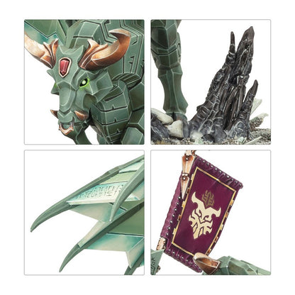Four close-up panels detailing the Urak Taar Daemonsmith miniature, featuring the green armored bull head and the purple standard of Hashut