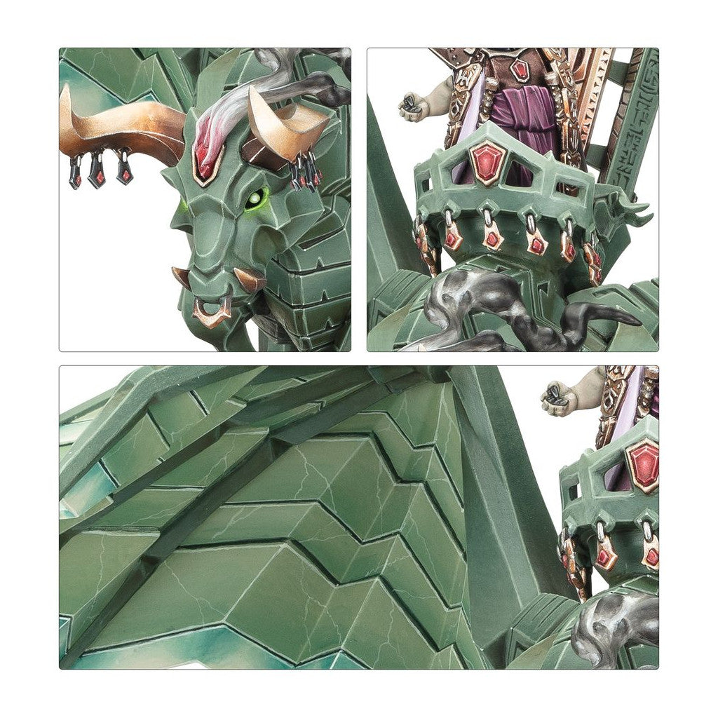 Close-up details of Urak Taar The First Daemonsmith figure revealing the cracked green armor, bull-like head with glowing eyes, and the riding platform adorned with red gems