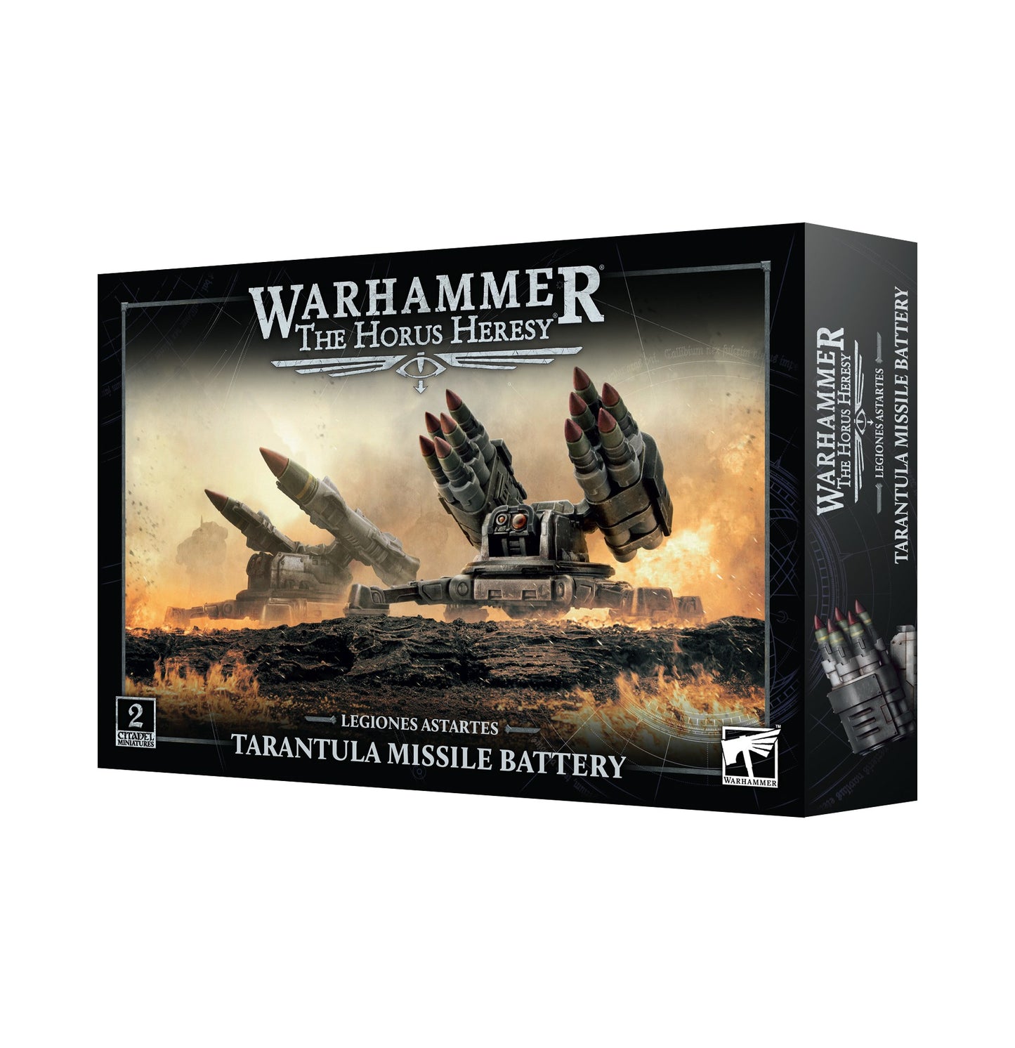 A product box for the Legiones Astartes Tarantula Missile Battery, featuring two grey missile launchers on a fiery battlefield