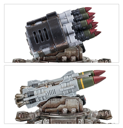 Two views of a miniature Legiones Astartes Tarantula Missile Battery, showing its multi-missile launcher elevated and at a lower angle