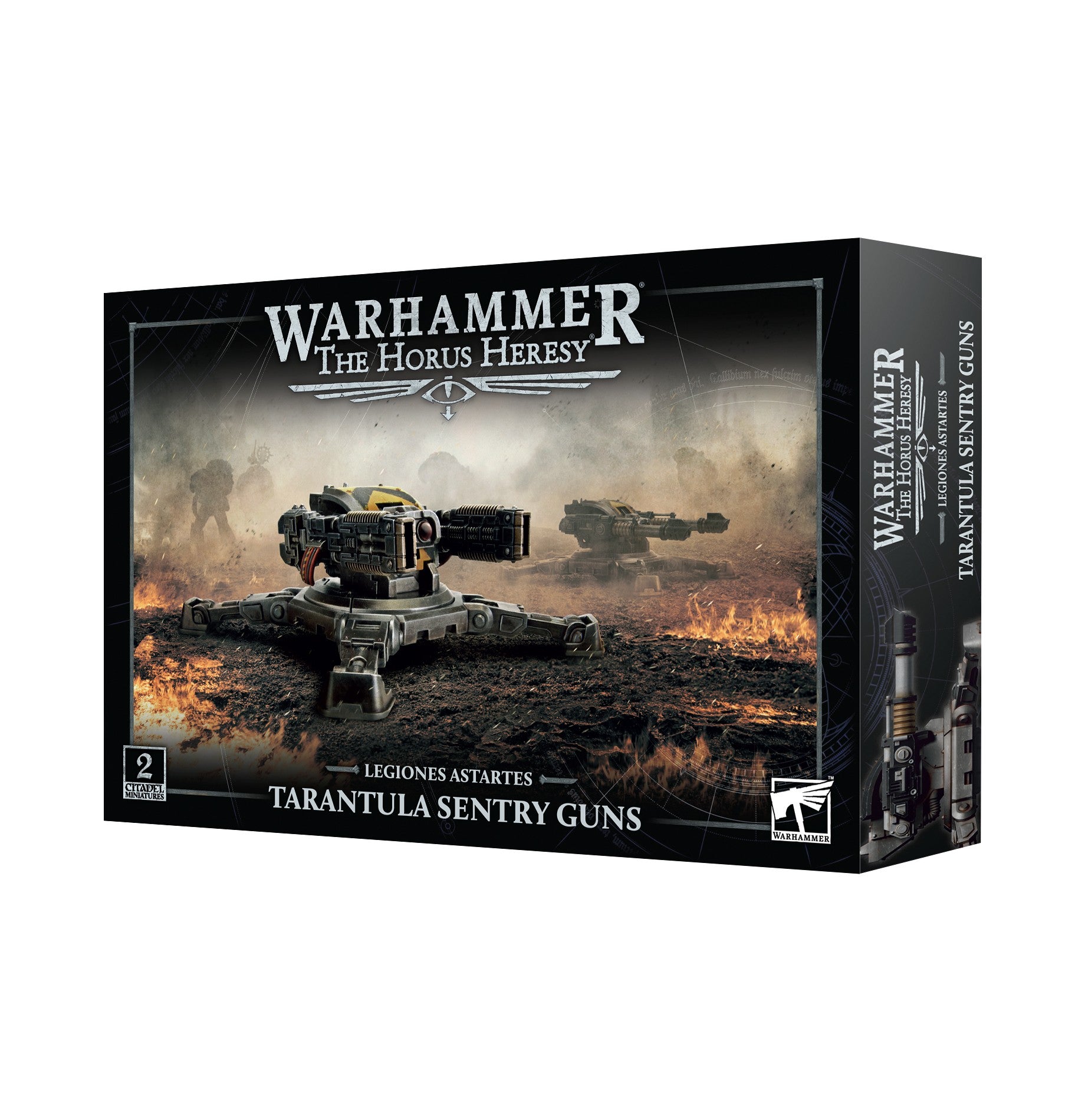 A product box for Legiones Astartes Tarantula Sentry Guns featuring two turret weapons on a dark battlefield with fire and smoke