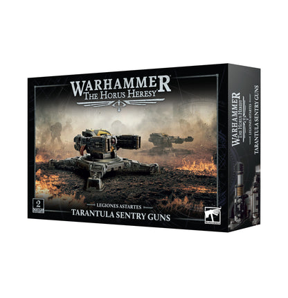 A product box for Legiones Astartes Tarantula Sentry Guns featuring two turret weapons on a dark battlefield with fire and smoke