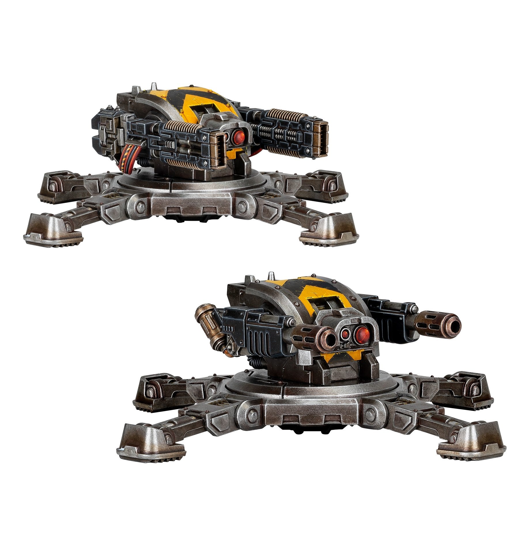 Two Legiones Astartes Tarantula Sentry Guns featuring dark grey armor with yellow hazard stripes, bronze weapon details, and four metallic legs