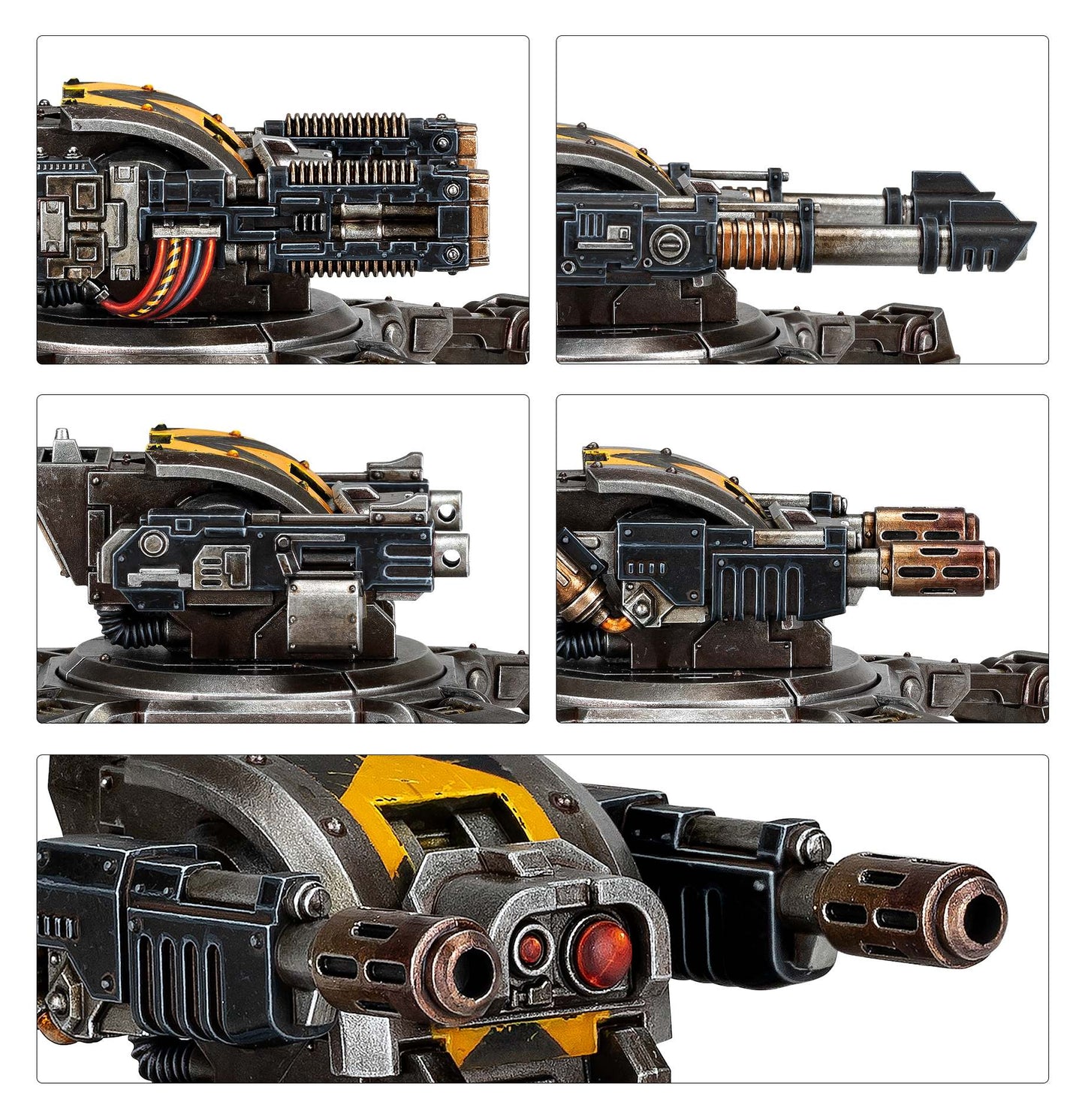 A gallery of detailed images showing a Legiones Astartes Tarantula Sentry Gun, featuring its metallic dark gray and yellow-striped body and twin-barreled weapon