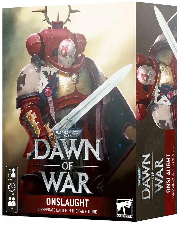 Warhammer 40k Dawn of War Onslaught board game box showing an imposing Space Marine in red armor wielding a sword and tactical shield