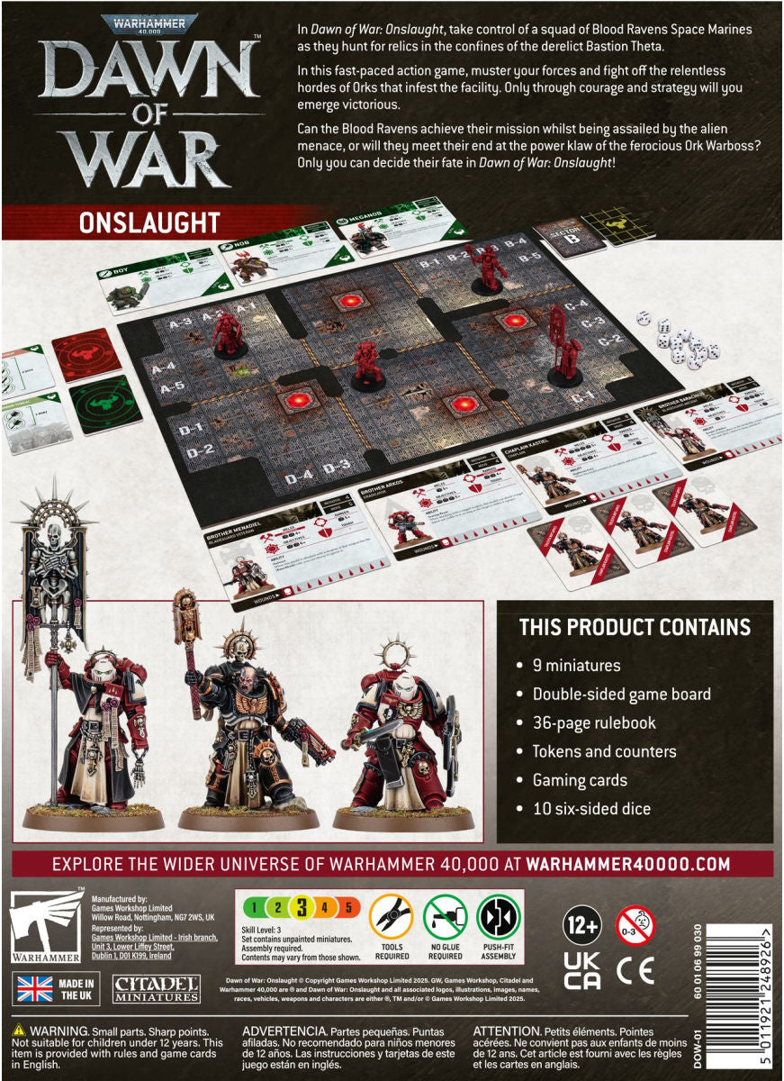 The Warhammer 40k Dawn of War Onslaught boxed game displays painted Blood Ravens miniatures and a segment of the dungeon-crawler board with red figures and character cards set up for play