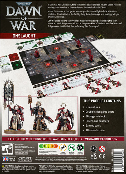 The Warhammer 40k Dawn of War Onslaught boxed game displays painted Blood Ravens miniatures and a segment of the dungeon-crawler board with red figures and character cards set up for play