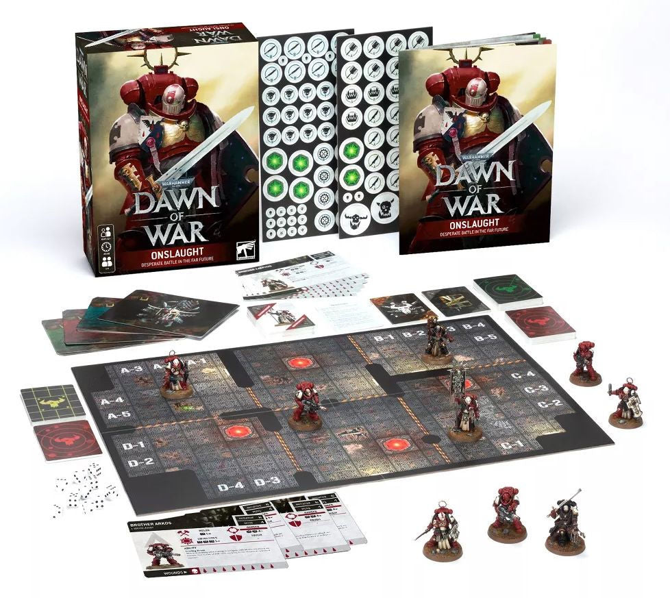 Full contents of the Warhammer 40k Dawn of War Onslaught game including the main box, rulebook, tokens, a modular board, dice, and six detailed red and black Space Marine figures