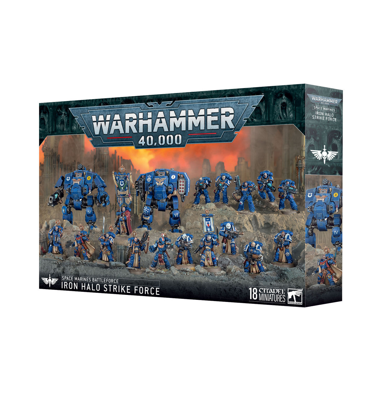 Warhammer 40000 Space Marines Iron Halo Strike Force battleforce box showing 18 blue miniatures including a mix of infantry and two large Dreadnought models