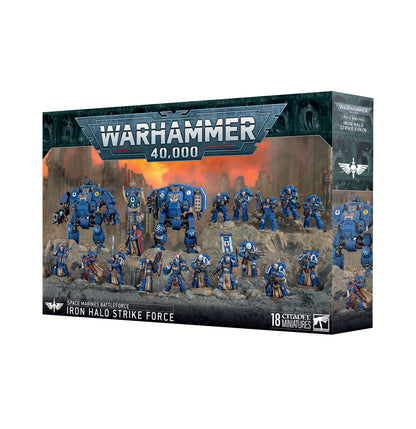 Warhammer 40000 Space Marines Iron Halo Strike Force battleforce box showing 18 blue miniatures including a mix of infantry and two large Dreadnought models