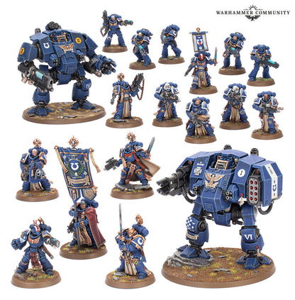 This detailed product image shows the Warhammer 40k Space Marines Iron Halo Strike Force collection featuring two Dreadnoughts and fifteen blue Ultramarines infantry