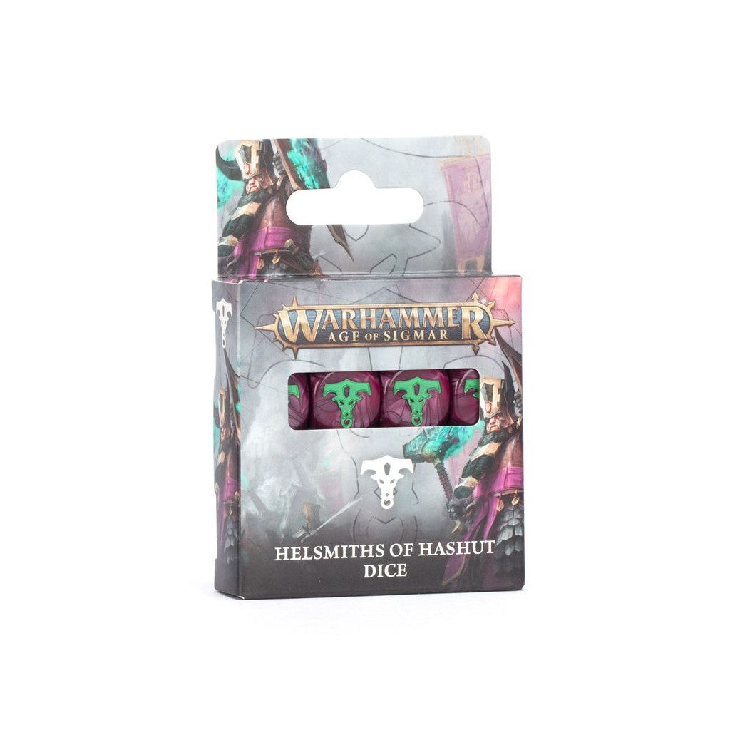 The official Warhammer Age of Sigmar Helsmiths of Hashut dice pack displays dark magenta dice featuring the bright green Hashut symbol prominently
