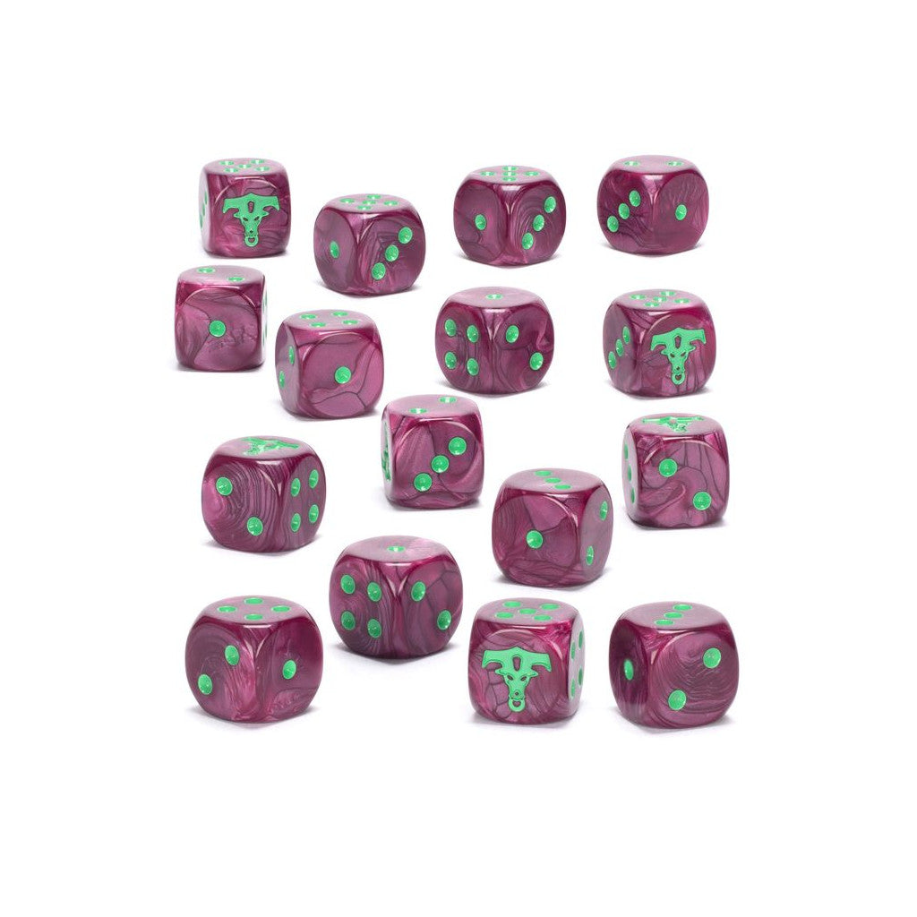 A set of sixteen marbled magenta and green Age of Sigmar Helsmiths of Hashut dice, showcasing bright green pips and the iconic custom bull symbol