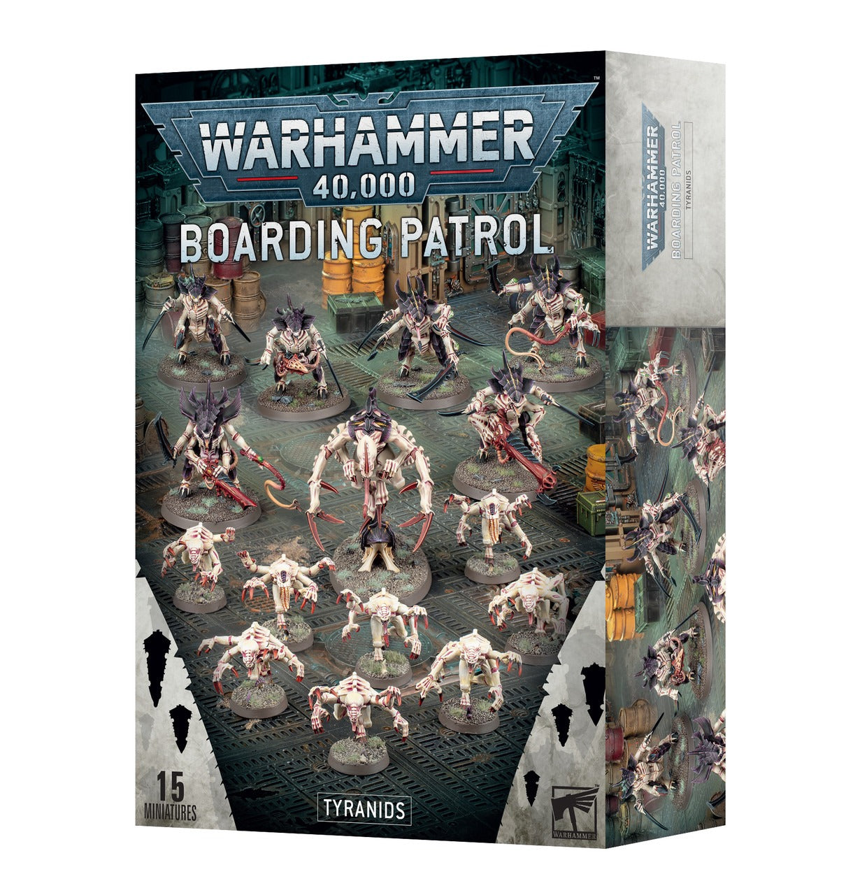 Retail box for Warhammer 40,000 Boarding Patrol Tyranids containing 15 miniatures displayed against a metallic floor backdrop