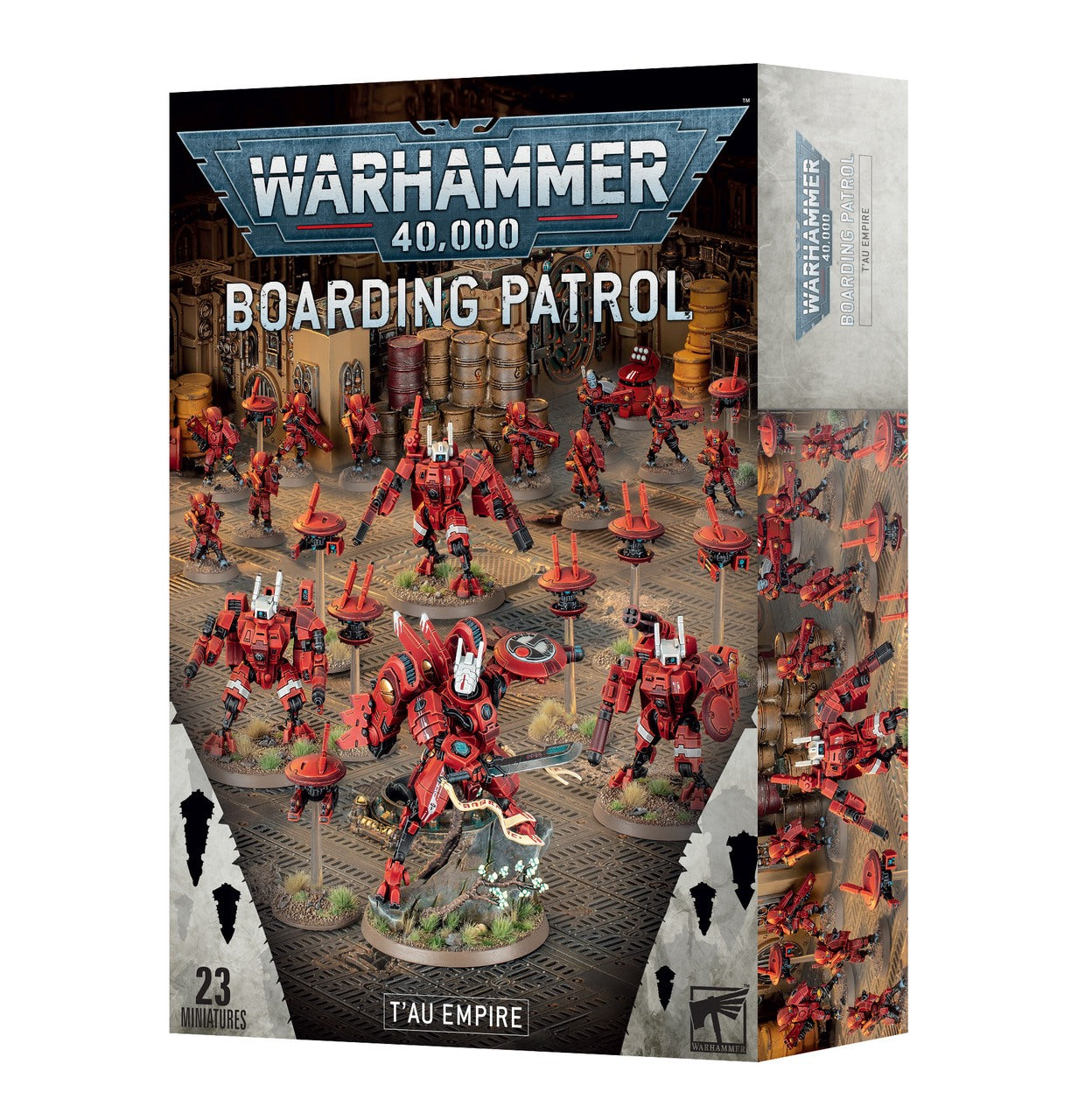 White retail box for the Warhammer 40k T'au Empire Boarding Patrol set displaying 23 red miniatures, centered on Commander Farsight and Crisis Suits