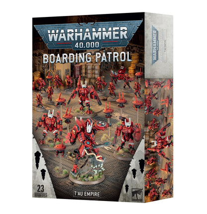 White retail box for the Warhammer 40k T'au Empire Boarding Patrol set displaying 23 red miniatures, centered on Commander Farsight and Crisis Suits